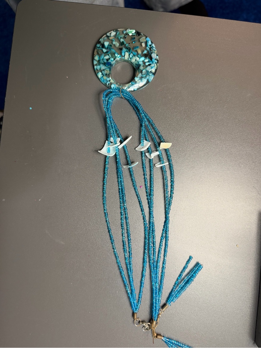& Other Stories Teal Blue Beaded Necklace with Donut Pendant